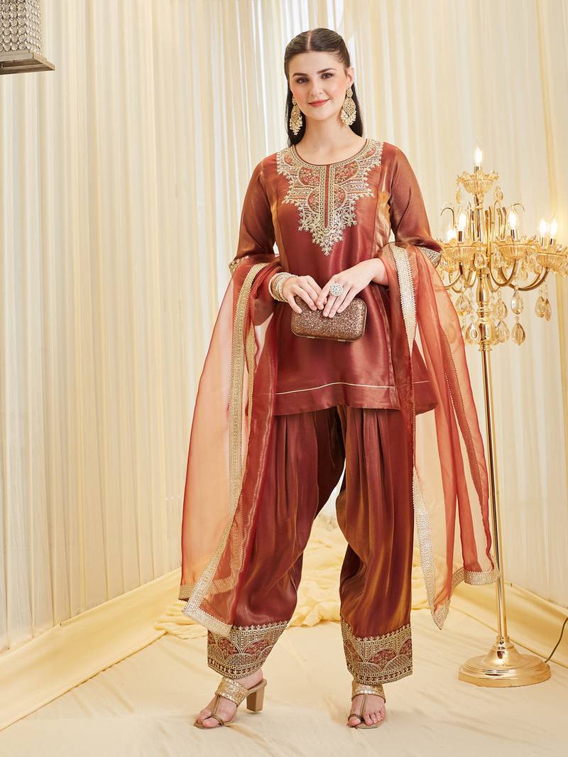 Dark orange heavy fandy silk party wear embroidery farshi salwar suit set