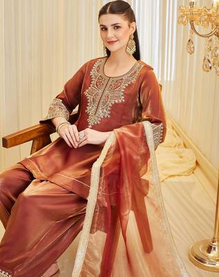 Dark orange heavy fandy silk party wear embroidery farshi salwar suit set 3