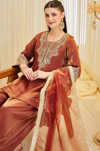 Dark orange heavy fandy silk party wear embroidery farshi salwar suit set