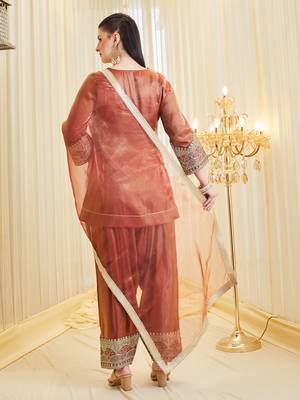 Dark orange heavy fandy silk party wear embroidery farshi salwar suit set 4
