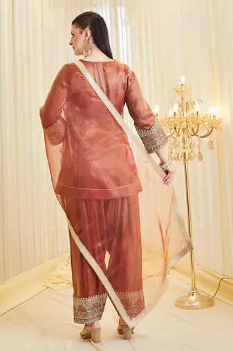 Dark orange heavy fandy silk party wear embroidery farshi salwar suit set
