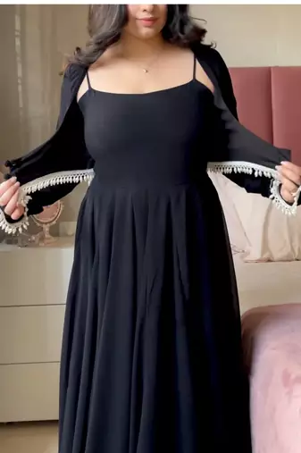 Black pure faux georgette party wear embroidery anarkali suit set