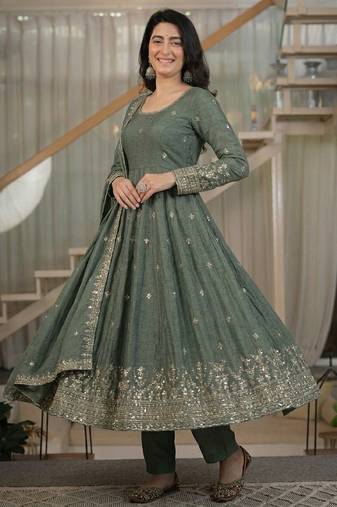 Dark grey heavy crunchy silk party wear embroidery anarkali suit set