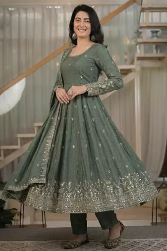 Dark grey heavy crunchy silk party wear embroidery anarkali suit set