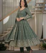 Dark grey heavy crunchy silk party wear embroidery anarkali suit set