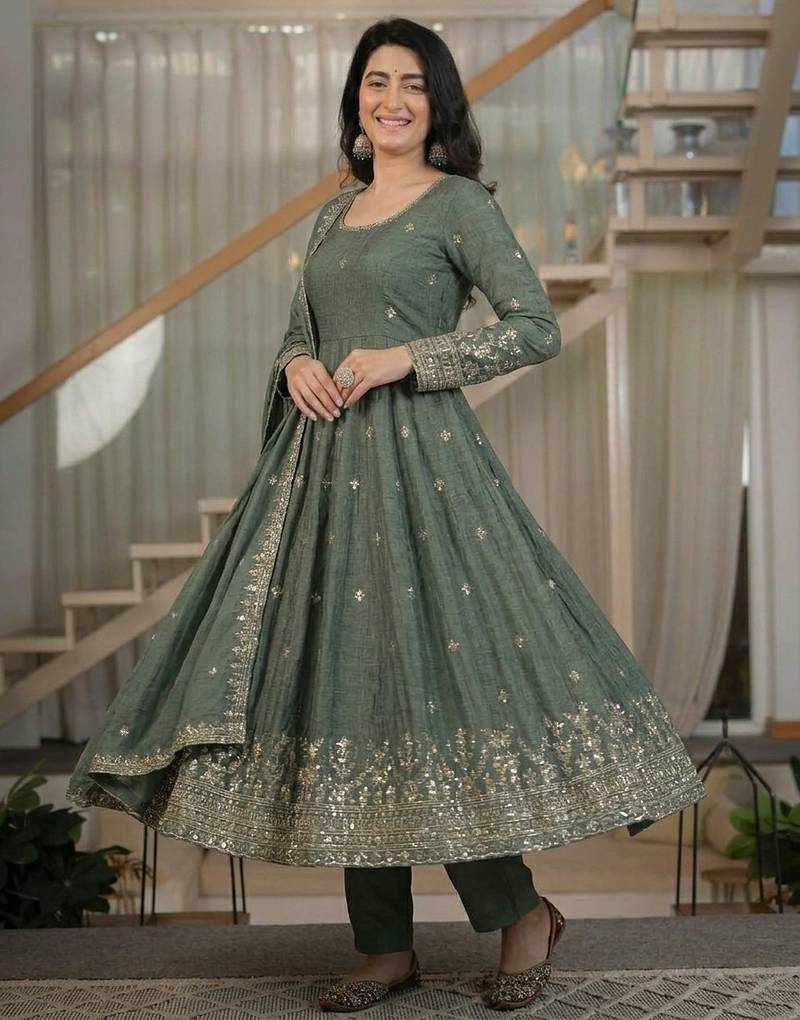 Dark grey heavy crunchy silk party wear embroidery anarkali suit set