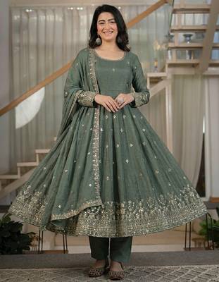 Dark grey heavy crunchy silk party wear embroidery anarkali suit set 2