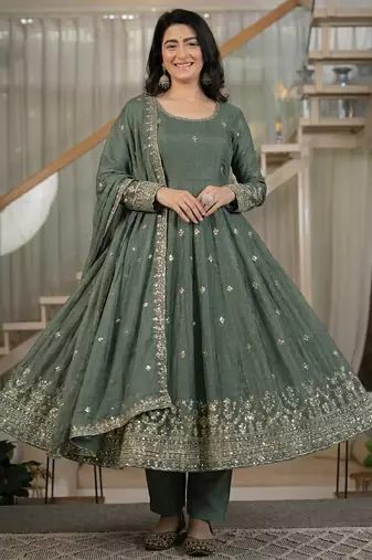 Dark grey heavy crunchy silk party wear embroidery anarkali suit set