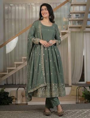 Dark grey heavy crunchy silk party wear embroidery anarkali suit set 3
