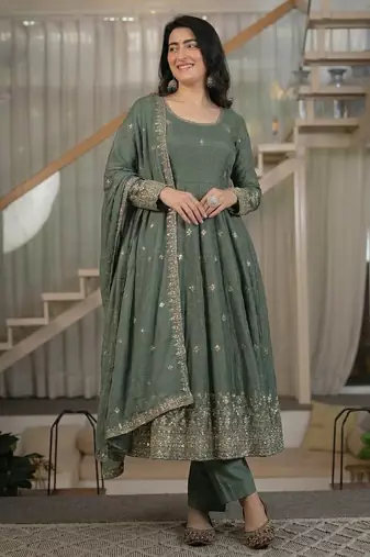 Dark grey heavy crunchy silk party wear embroidery anarkali suit set