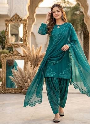 Sky blue heavy roman glass party wear embroidery suit set 2