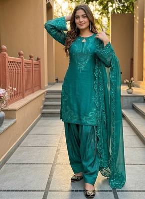 Sky blue heavy roman glass party wear embroidery suit set 3