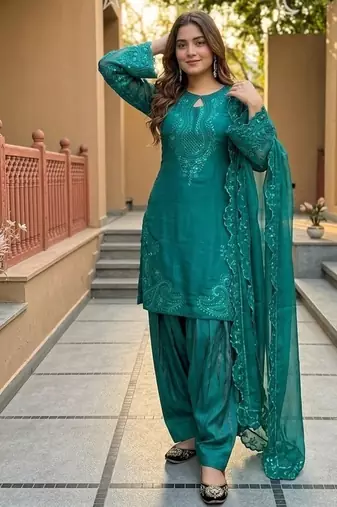 Sky blue heavy roman glass party wear embroidery suit set