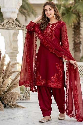 Red heavy roman glass party wear embroidery suit set