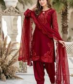 Red heavy roman glass party wear embroidery suit set