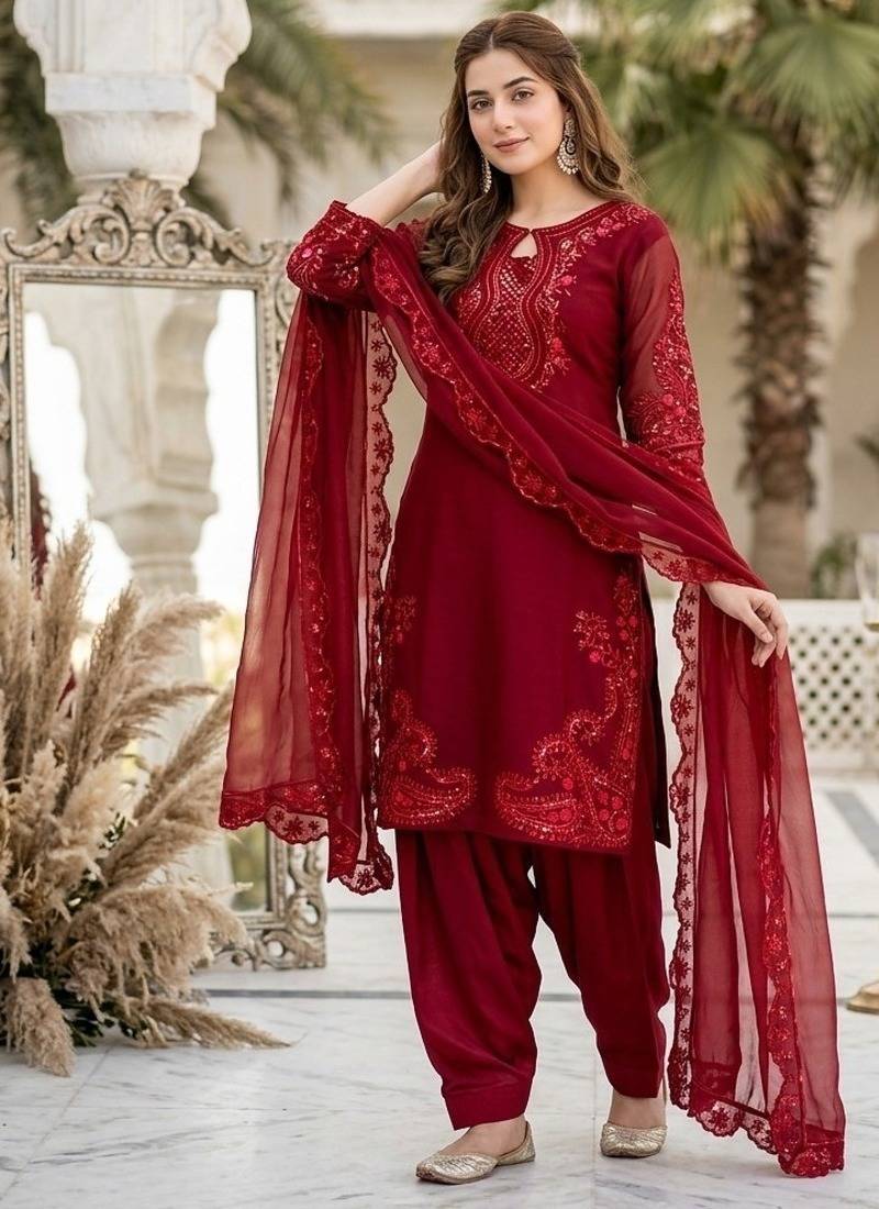 Red heavy roman glass party wear embroidery suit set