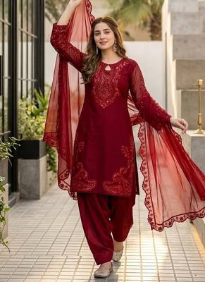 Red heavy roman glass party wear embroidery suit set 3