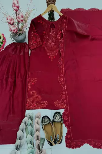 Red heavy roman glass party wear embroidery suit set