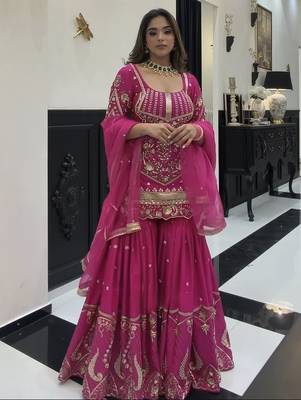 Dark pink heavy sindoor silk party wear embroidery sharara suit set 1