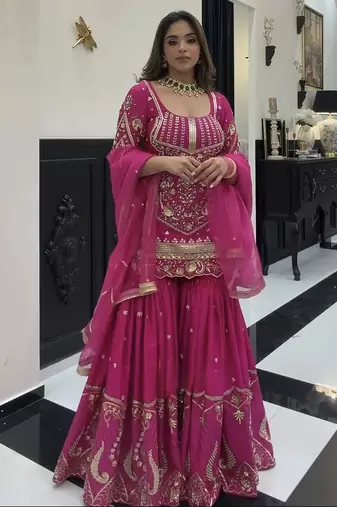 Dark pink heavy sindoor silk party wear embroidery sharara suit set