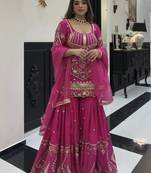 Dark pink heavy sindoor silk party wear embroidery sharara suit set