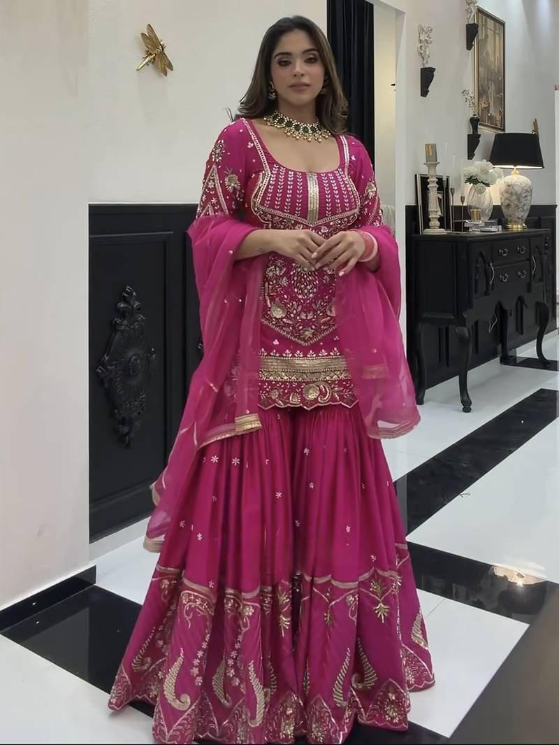 Dark pink heavy sindoor silk party wear embroidery sharara suit set