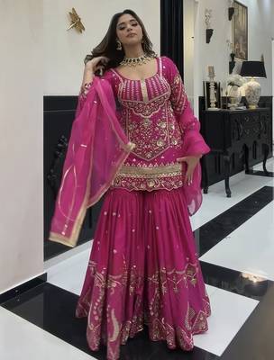 Dark pink heavy sindoor silk party wear embroidery sharara suit set 2