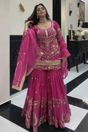 Dark pink heavy sindoor silk party wear embroidery sharara suit set