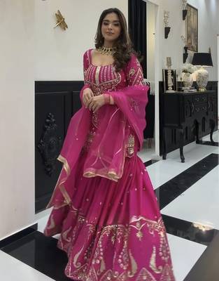 Dark pink heavy sindoor silk party wear embroidery sharara suit set 3