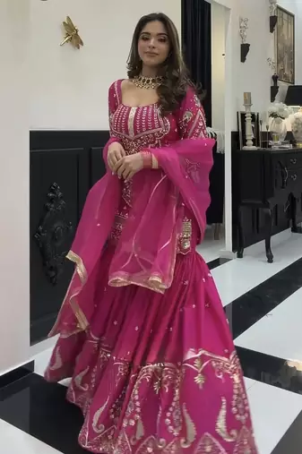 Dark pink heavy sindoor silk party wear embroidery sharara suit set