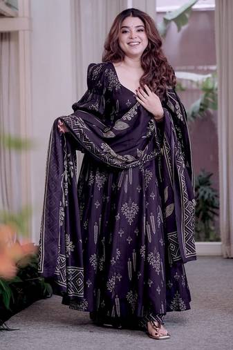 Dark purple maslin cotton party wear embroidery anarkali suit set