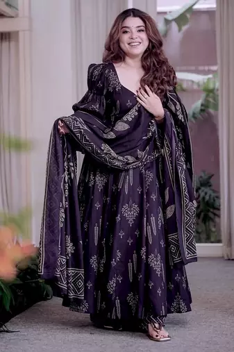 Dark purple maslin cotton party wear embroidery anarkali suit set
