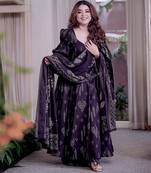 Dark purple maslin cotton party wear embroidery anarkali suit set