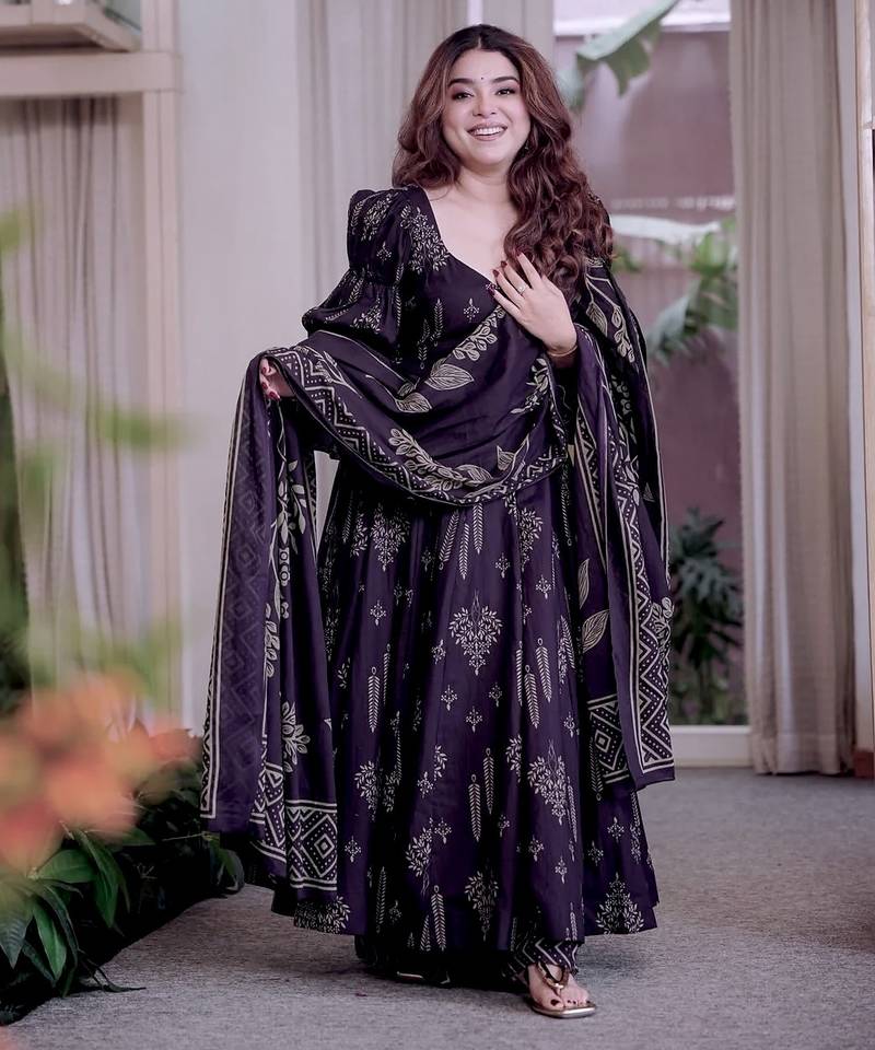 Dark purple maslin cotton party wear embroidery anarkali suit set