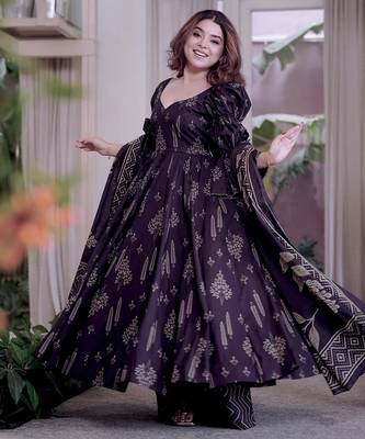 Dark purple maslin cotton party wear embroidery anarkali suit set 2