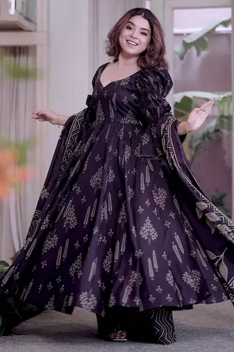 Dark purple maslin cotton party wear embroidery anarkali suit set