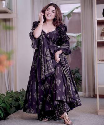 Dark purple maslin cotton party wear embroidery anarkali suit set 3