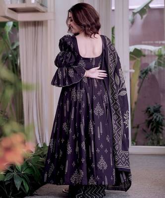 Dark purple maslin cotton party wear embroidery anarkali suit set 4
