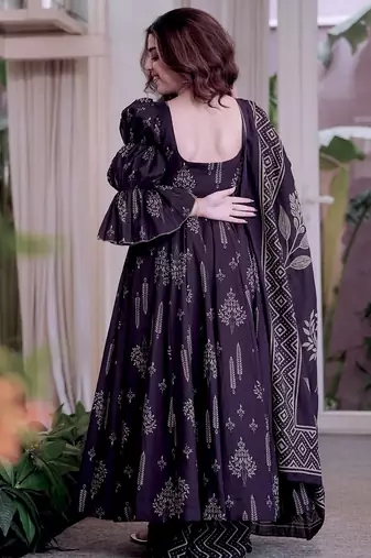 Dark purple maslin cotton party wear embroidery anarkali suit set