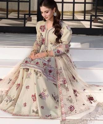 Cream heavy natural crep party wear embroidery sharara suit set 1