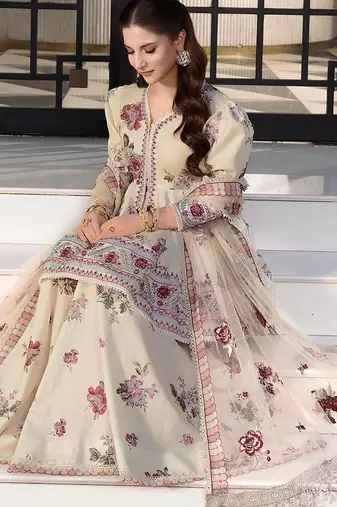 Cream heavy natural crep party wear embroidery sharara suit set