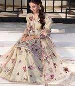 Cream heavy natural crep party wear embroidery sharara suit set