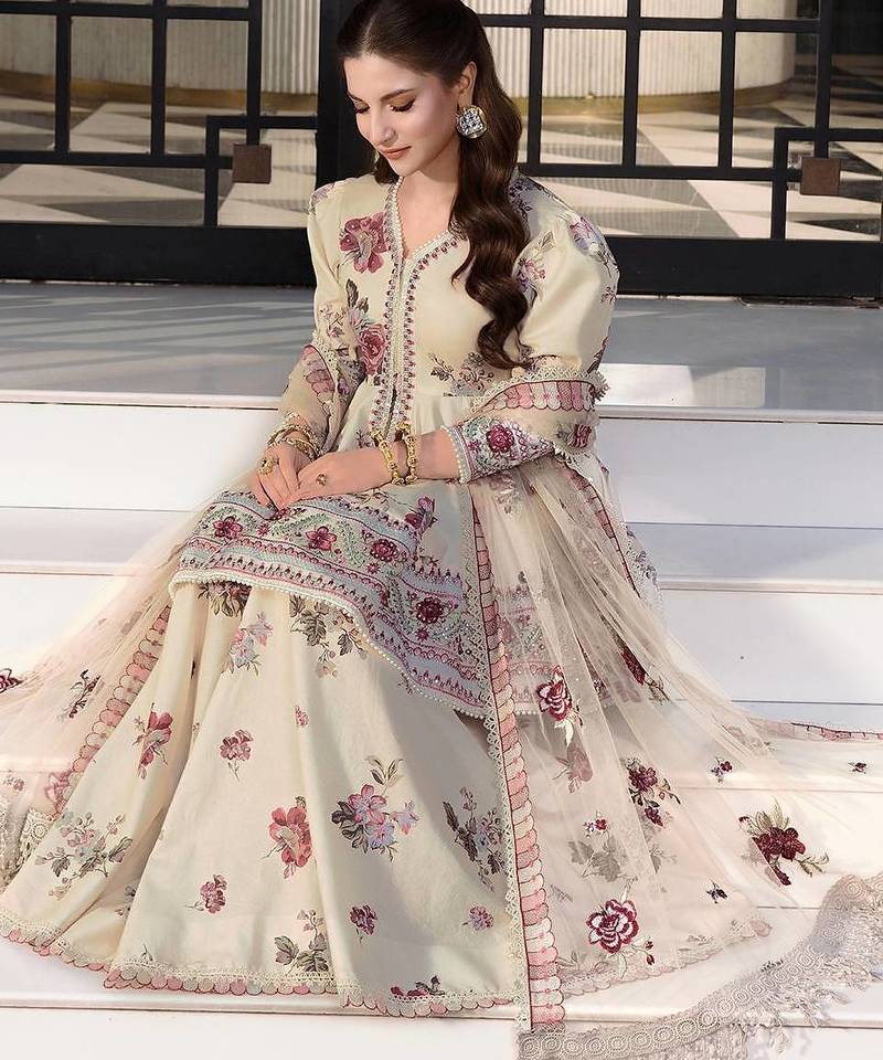 Cream heavy natural crep party wear embroidery sharara suit set