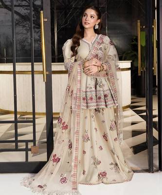 Cream heavy natural crep party wear embroidery sharara suit set 2