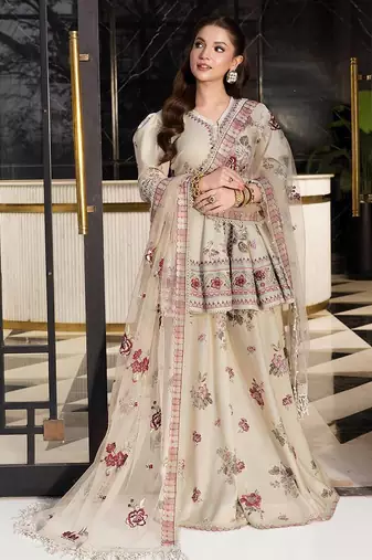 Cream heavy natural crep party wear embroidery sharara suit set