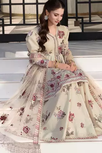 Cream heavy natural crep party wear embroidery sharara suit set