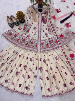 Cream heavy natural crep party wear embroidery sharara suit set 4