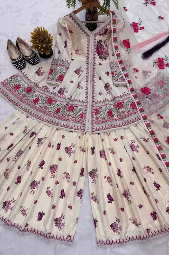 Cream heavy natural crep party wear embroidery sharara suit set