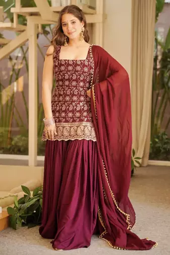 Red faux georgette party wear embroidery sharara suit set