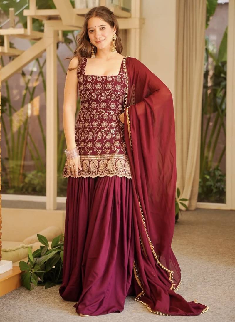 Red faux georgette party wear embroidery sharara suit set